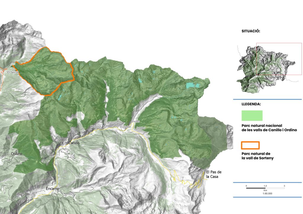 La imatge compara erl tamany del parc natural de Sorteny (encerclat en taronja) i el nou de Canbillo i Ordino (en verd) / PNCO